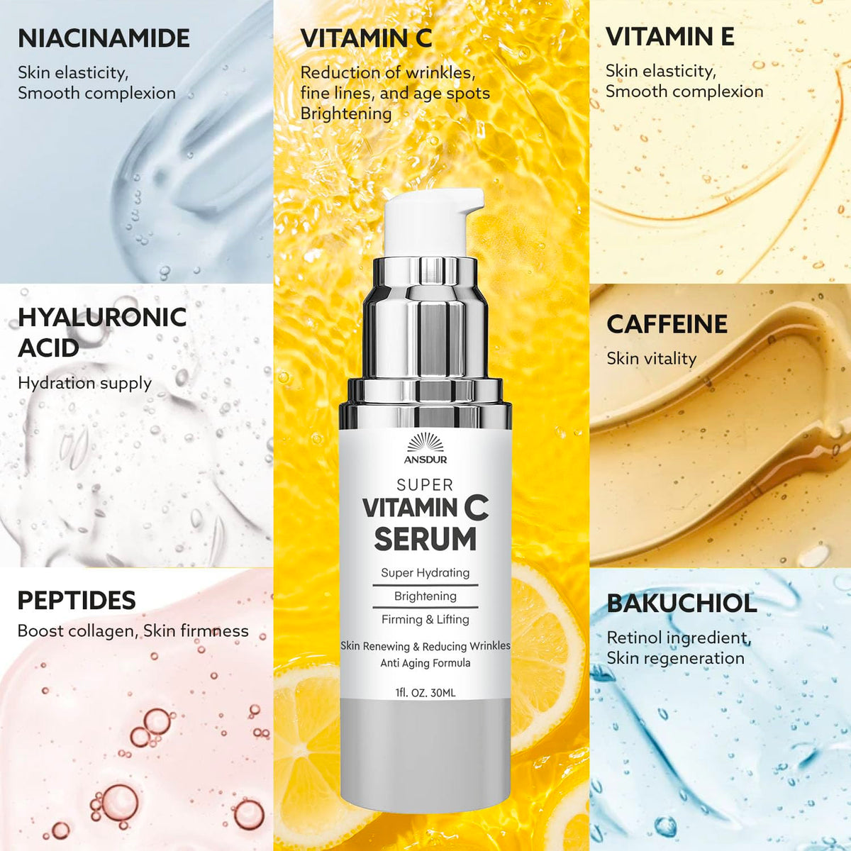 ANSDUR Caffeine helps support elasticity in mature skin.