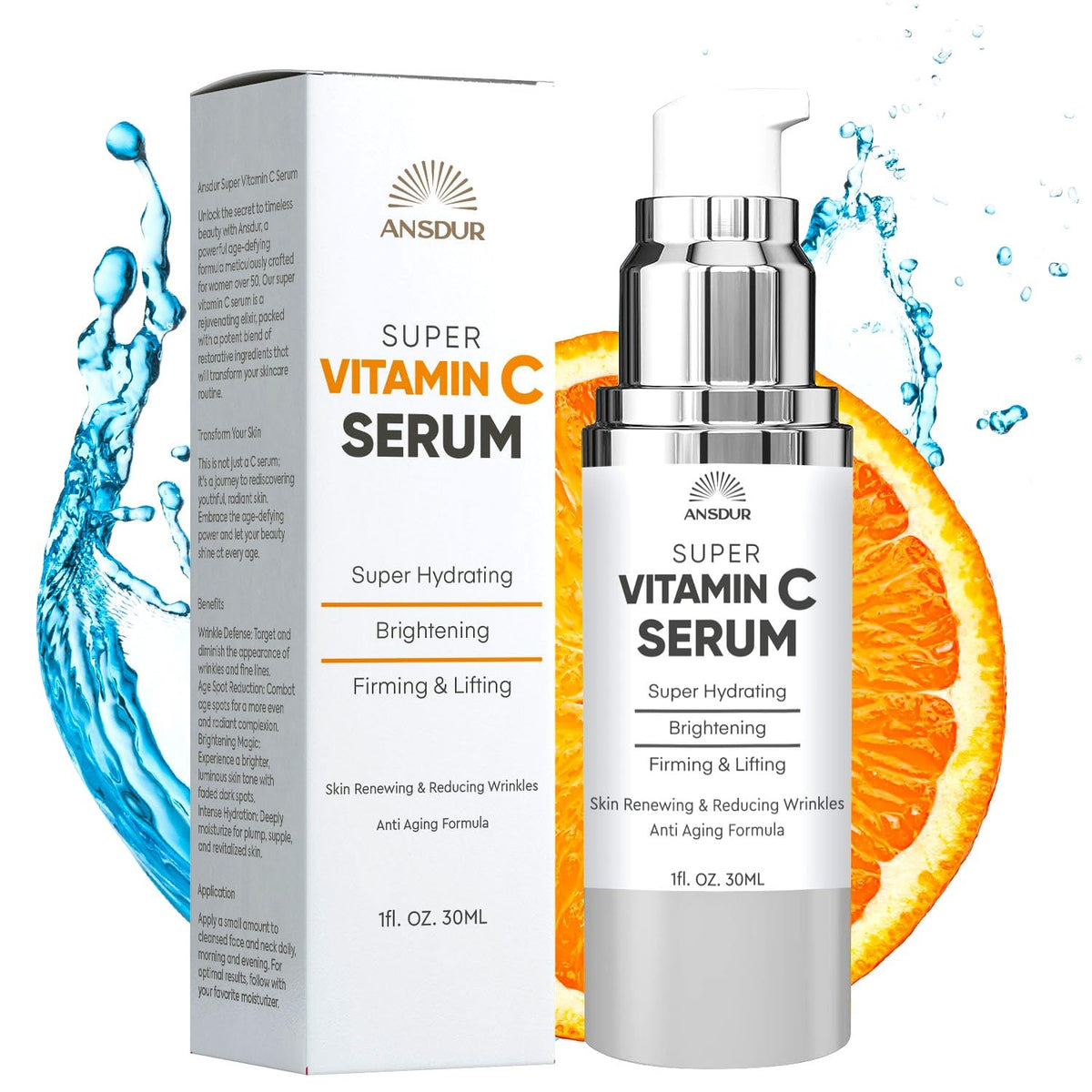 ANSDUR Vitamin C serum bottle close-up highlighting brightening benefits.