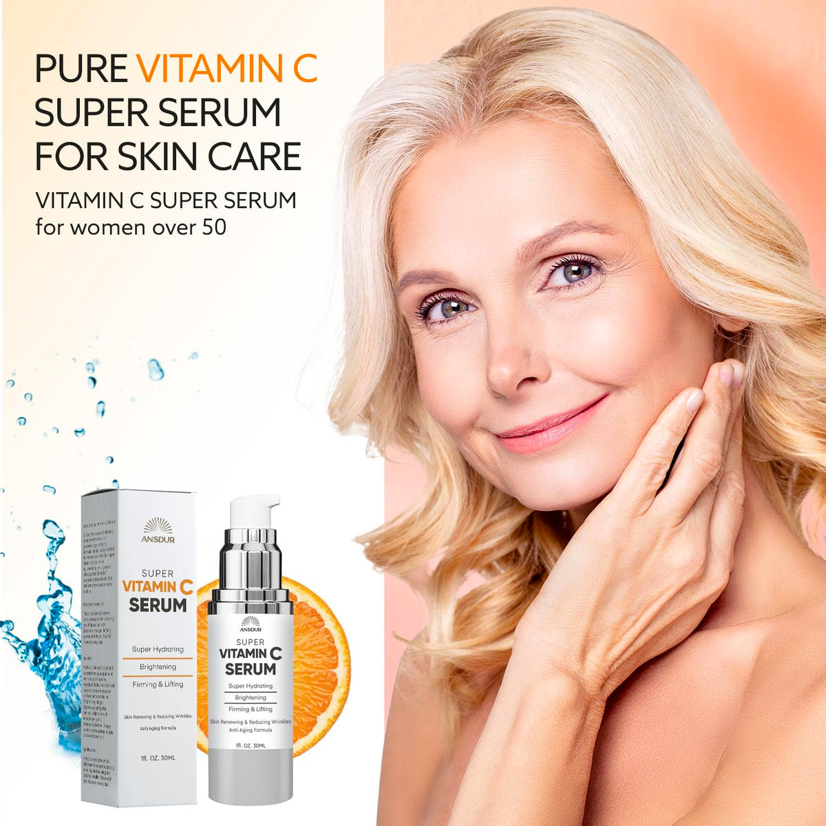 ANSDUR Vitamin C serum applied to cheek for luminous, even tone.
