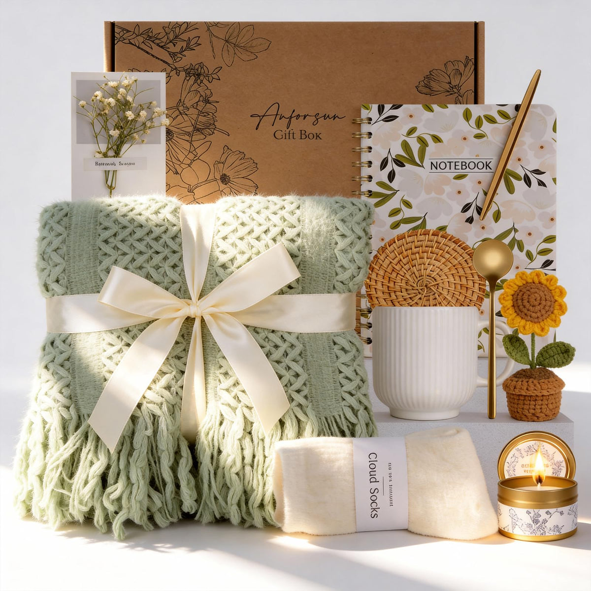Anforsun self-care set with blanket, candle, and socks promotes cozy relaxation