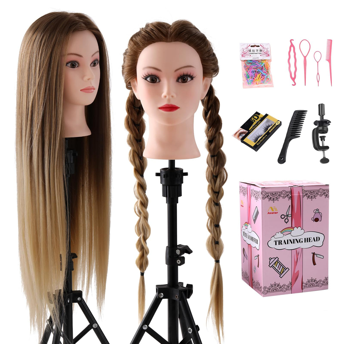 Anstar mannequin head with 24-inch blonde-gradient hair for realistic styling practice