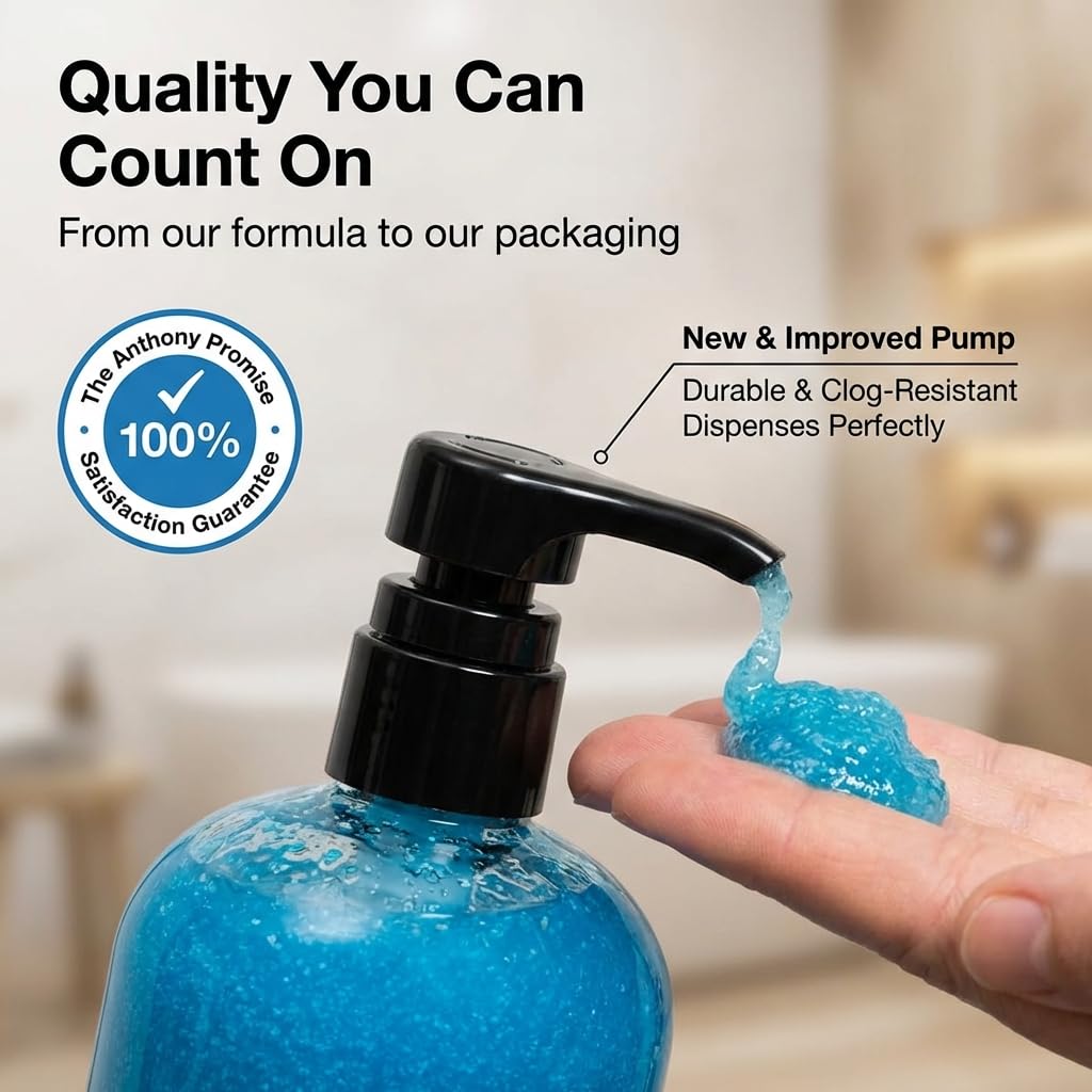 Anthony Blue Sea Kelp Body Wash pump bottle in bathroom.