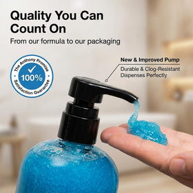 Anthony Blue Sea Kelp Body Wash pump bottle in bathroom.
