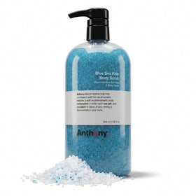 Anthony Exfoliating Scrub sea salt bottle demonstrates cleansing action.