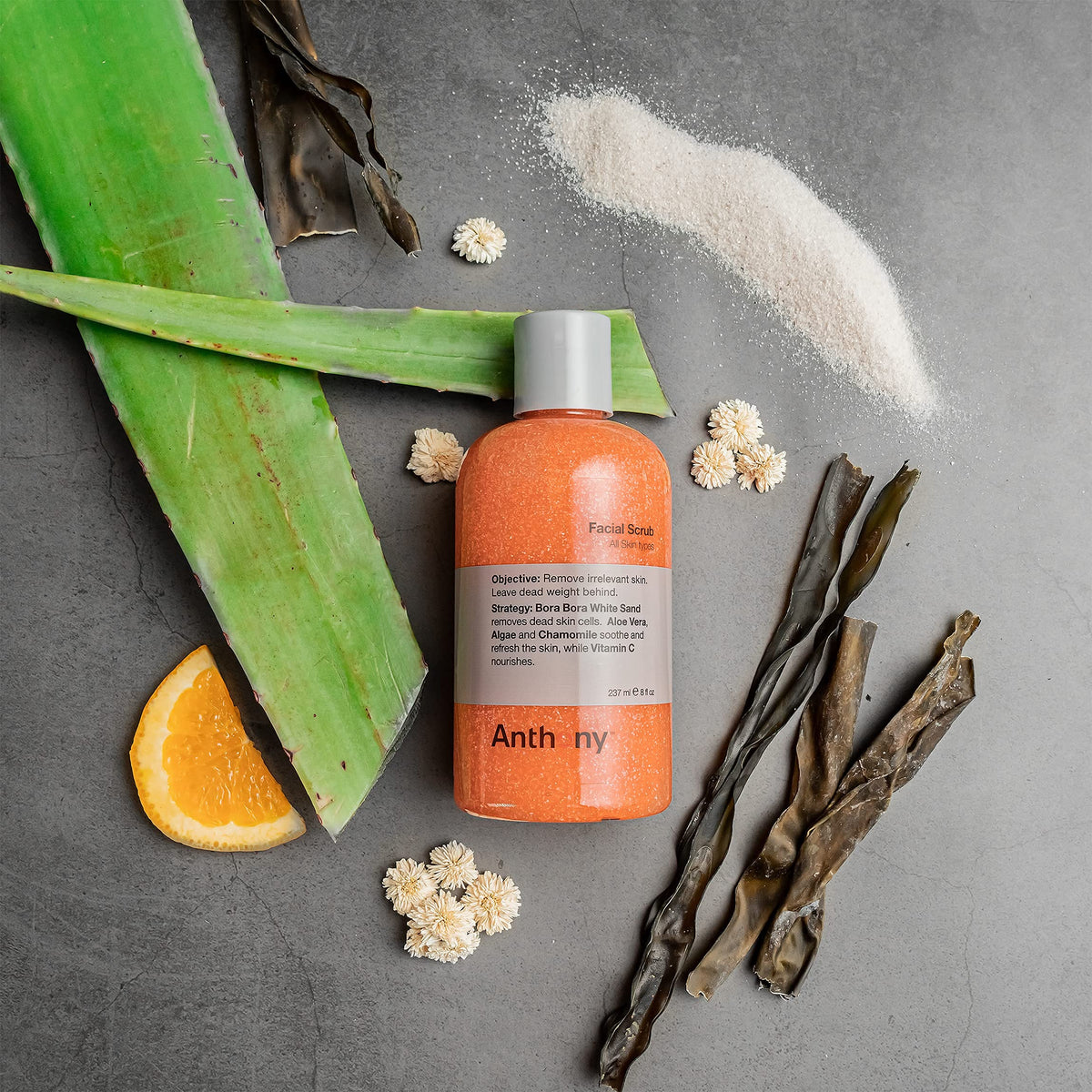 Anthony Facial Scrub aloe-chamomile soothes skin during cleansing