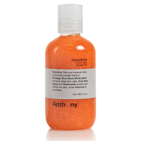 Anthony Facial Scrub bottle front showing exfoliating beads for pre-shave prep
