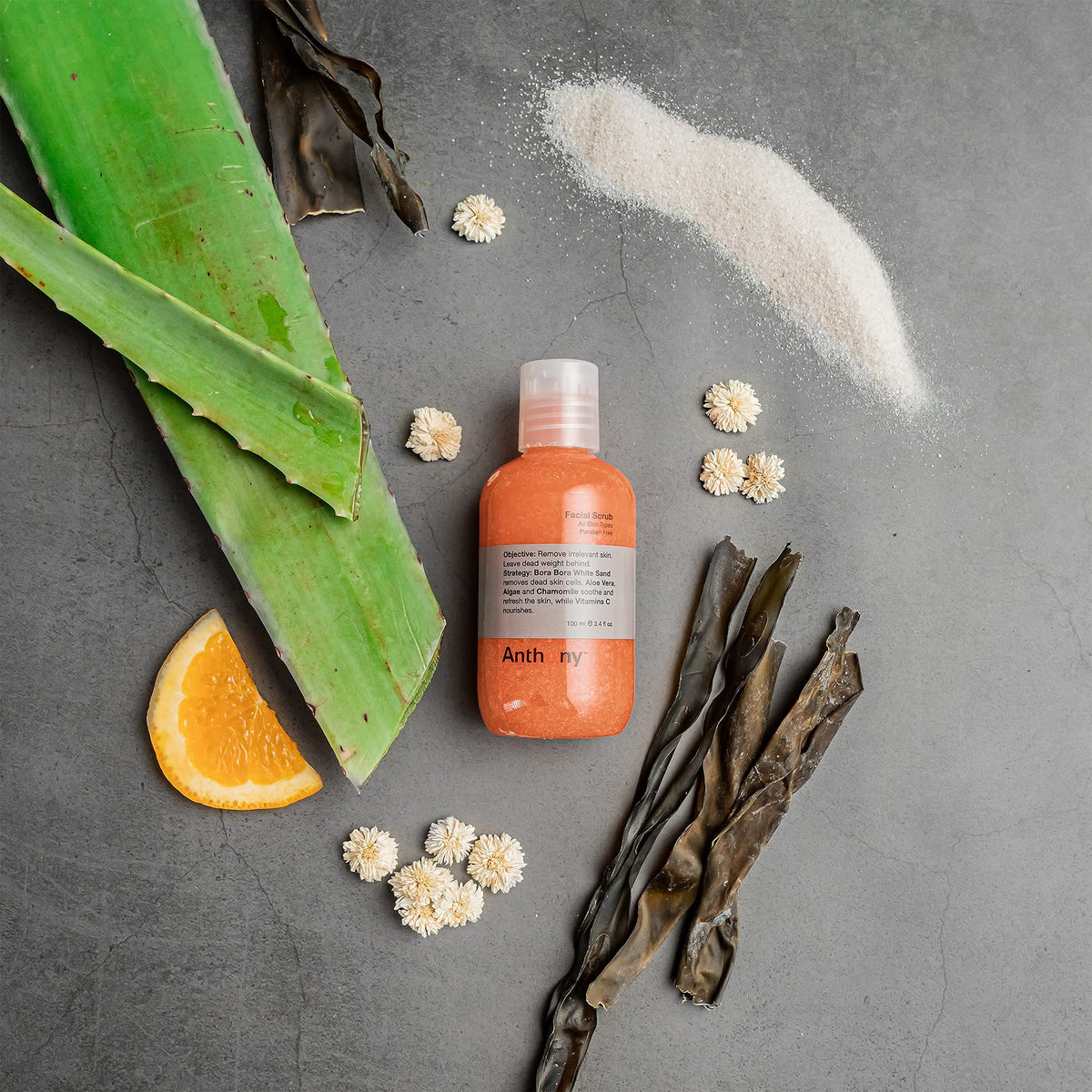 Anthony Facial Scrub ingredients—aloe, chamomile, and algae