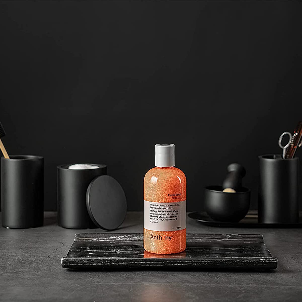 Anthony Facial Scrub preshave action lifts hairs for a closer shave
