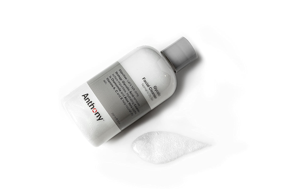 Anthony Glycolic Cleanser packaging front highlighting dermatologist-tested status