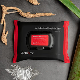 Anthony Glycolic Exfoliating Wipes hydrate and tone pores for a smooth complexion.