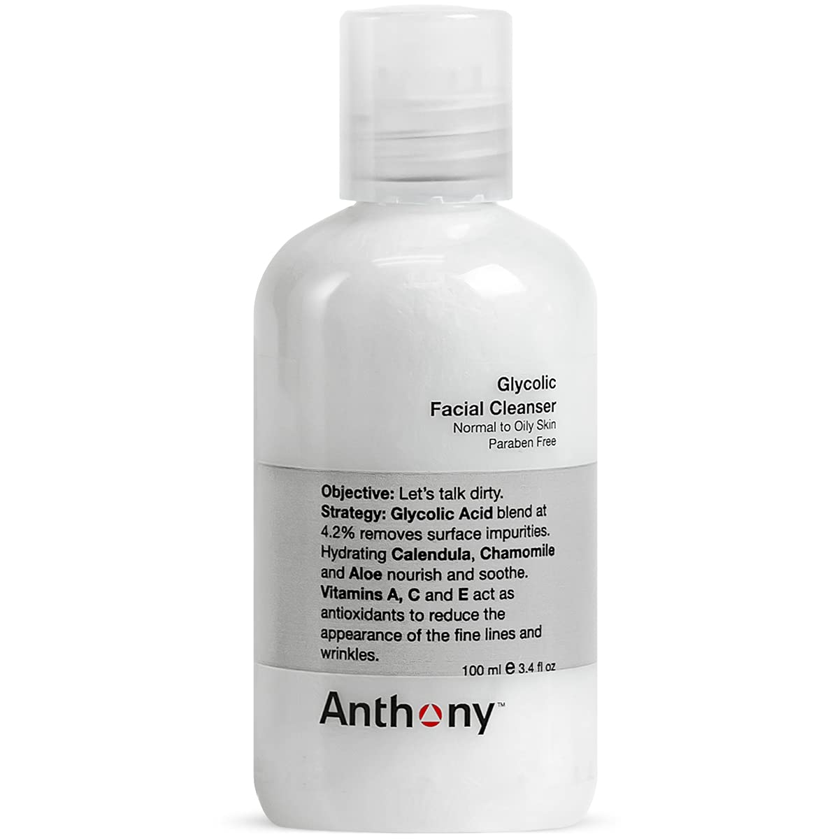 Anthony Glycolic Facial Cleanser bottle front showing exfoliation and pore cleansing