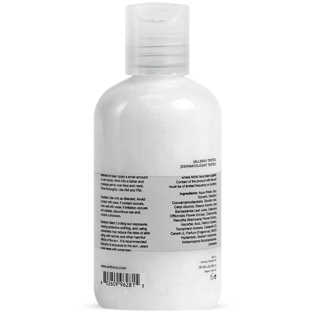 Anthony Glycolic Facial Cleanser packaging design highlighting USA-made, cruelty-free skincare