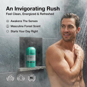 Anthony Invigorating Rush bottle-label-closeup highlights eucalyptus and balsam for an energizing shower.