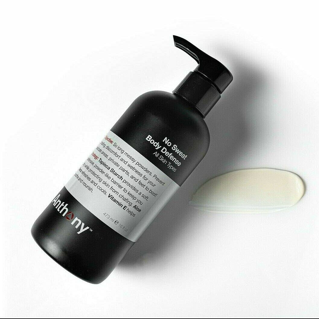 Anthony No Sweat packaging USA-made shows talc-free, cruelty-free care in a premium bottle.