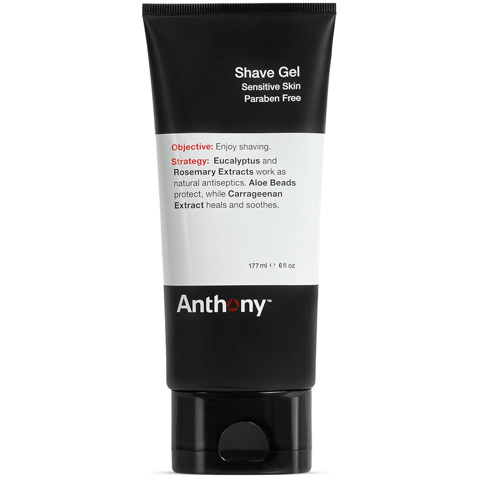 Anthony Shave Gel bottle showing non-foaming formula for sensitive skin