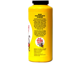 Anti Monkey Butt powder applied to skin reduces friction during activity.