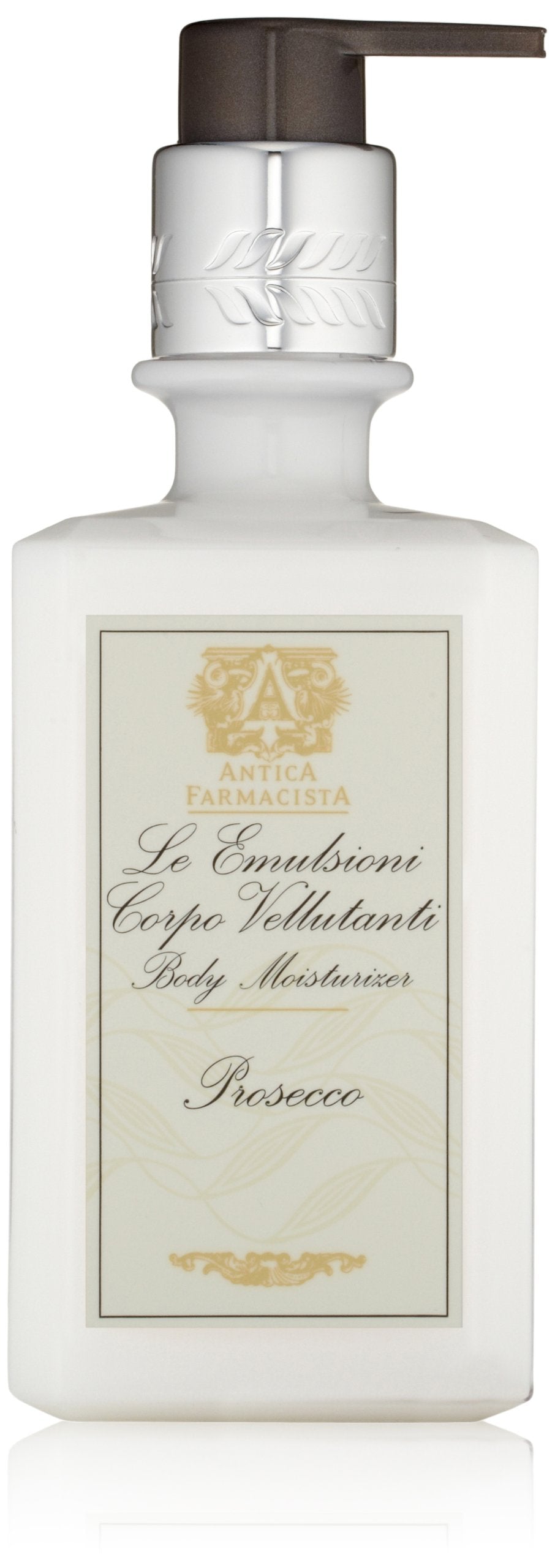 Antica Farmacista Prosecco bottle pour, showcasing luxurious hydration and fresh citrus scent.