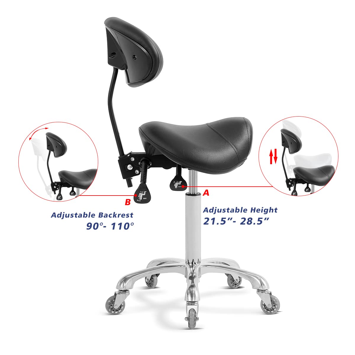 Antlu saddle stool backrest close-up showing proximity to spine for upright posture.