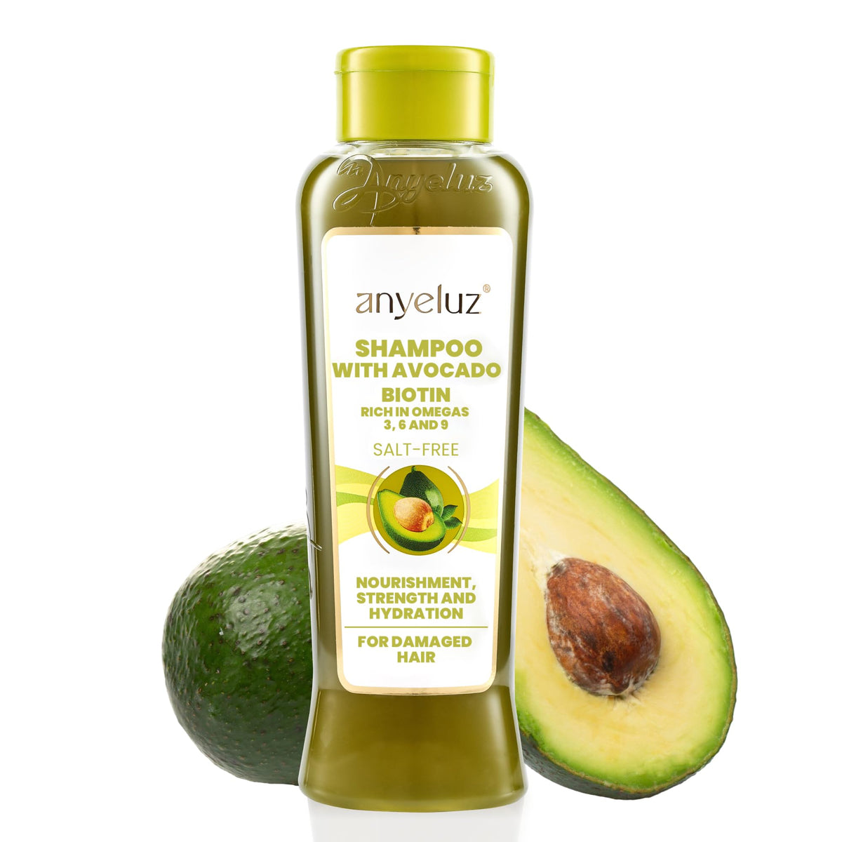 ANYELUZ Avocado Moisturizing Shampoo bottle with green label promotes nourished, hydrated hair.