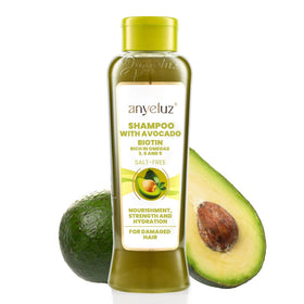 ANYELUZ Avocado Moisturizing Shampoo bottle with green label promotes nourished, hydrated hair.