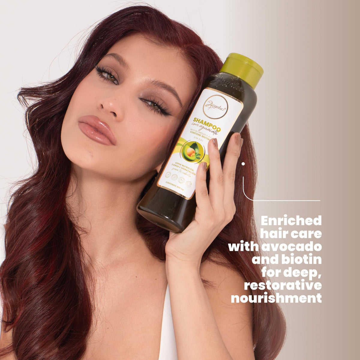 ANYELuz Avocado Moisturizing Shampoo near sun-damage backdrop emphasizing protective salt-free formula.