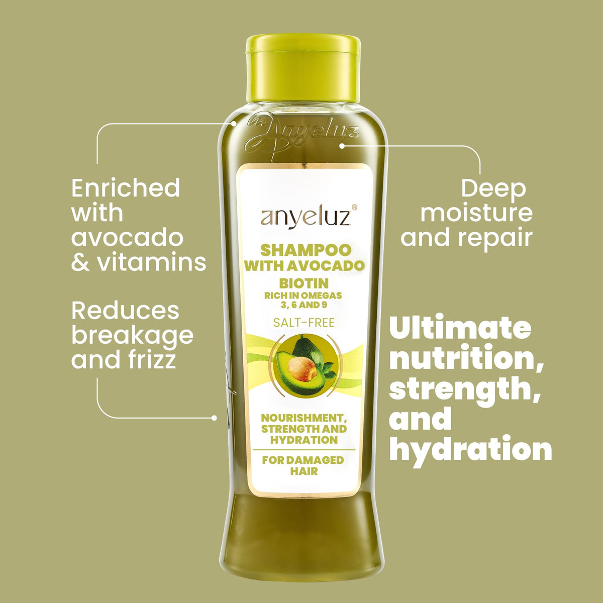 ANYELUZ Avocado Moisturizing Shampoo with biotin and Veg V2 nourishes and strengthens fibers.