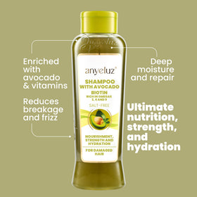 ANYELUZ Avocado Moisturizing Shampoo with biotin and Veg V2 nourishes and strengthens fibers.