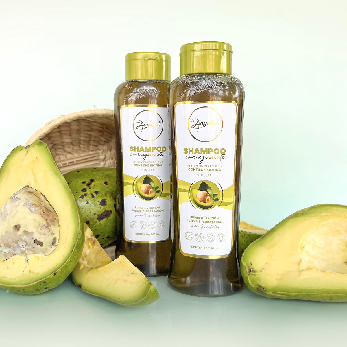 ANYELUZ Avocado Moisturizing Shampoo bottle with chia and sacha inchi oils reducing breakage.