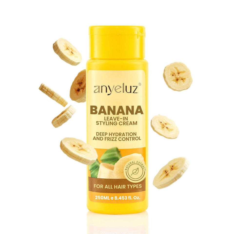ANYELUZ Banana Leave-In bottle pour showing easy-grip design for quick application