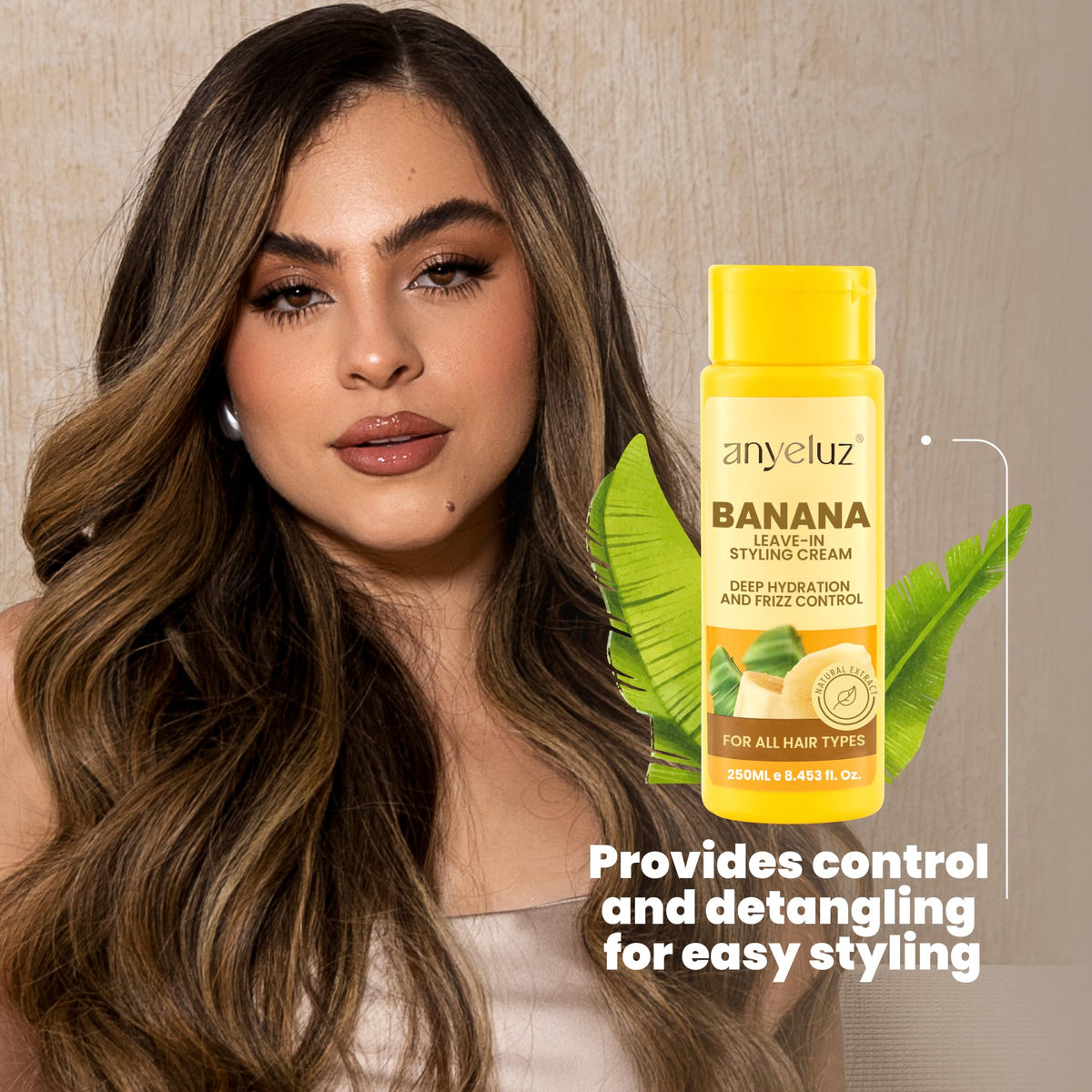 ANYELUZ Banana Leave-In frizz-control formula on hair for smoother strands all day