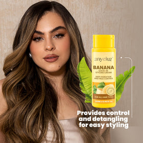 ANYELUZ Banana Leave-In frizz-control formula on hair for smoother strands all day