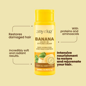 ANYELUZ Banana Leave-In highlights natural extracts like banana and oils for nourishment