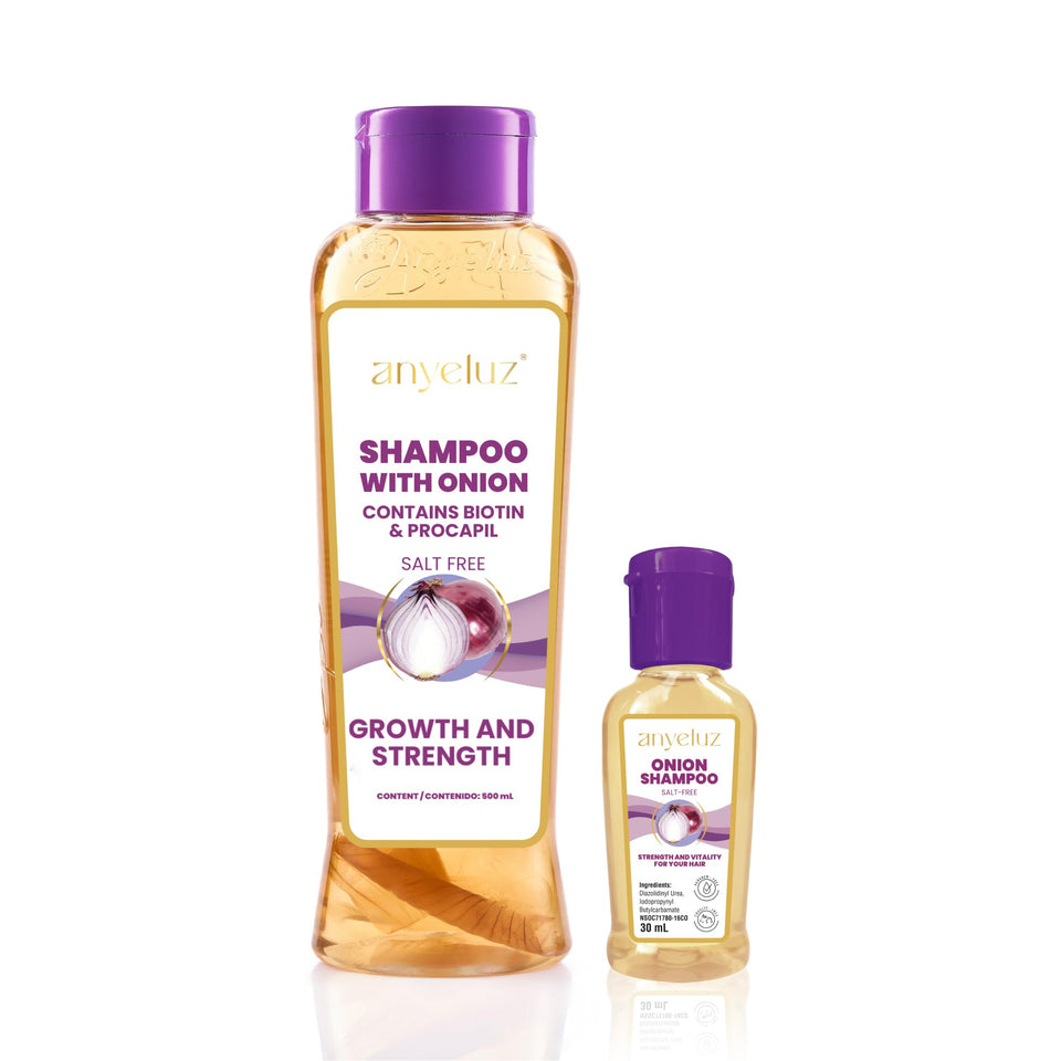 ANYELUZ Duo Onion Shampoo bottle highlights odorless formula for refreshed hair.