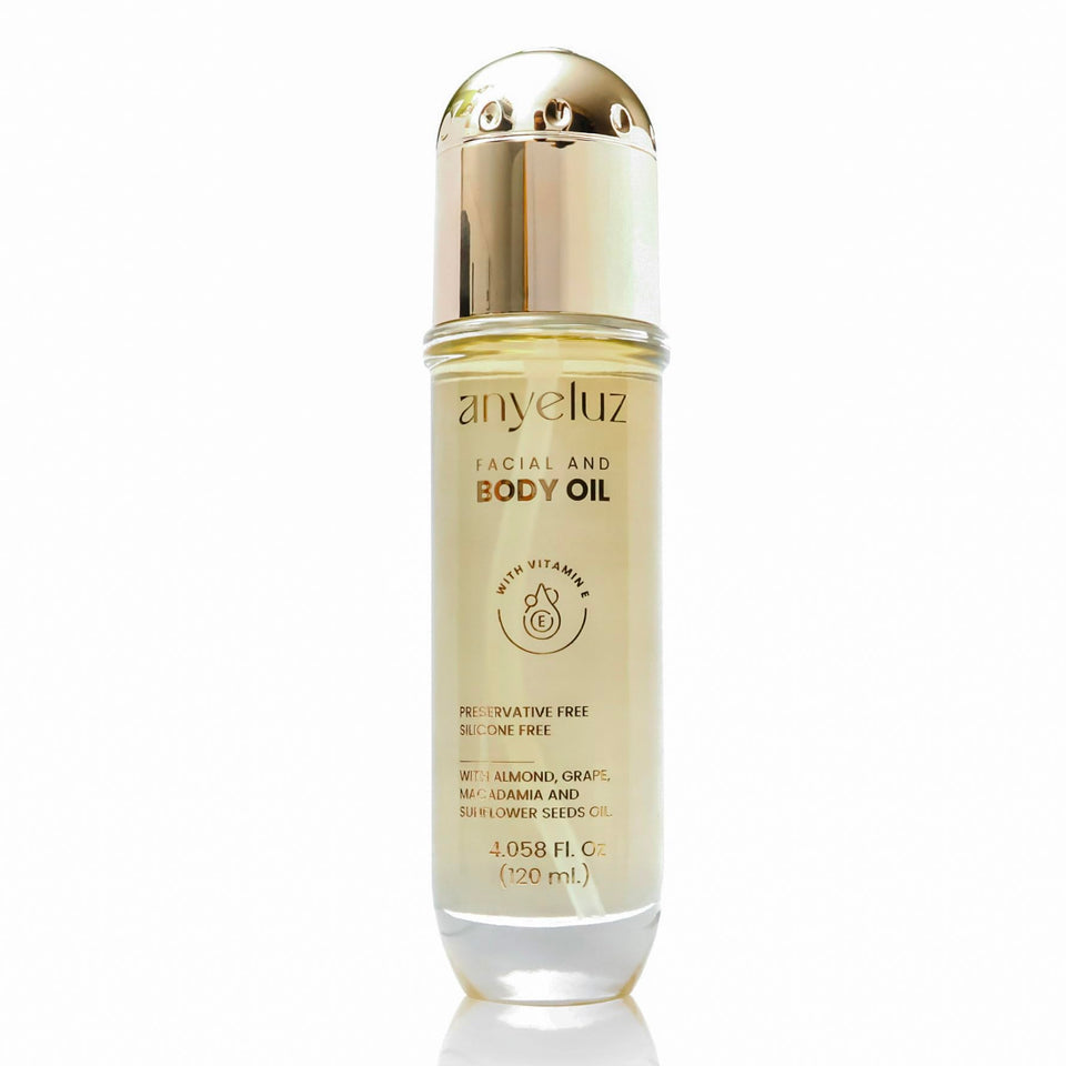 ANYELUZ vitamin E oil bottle demonstrates deep hydration for radiant skin.
