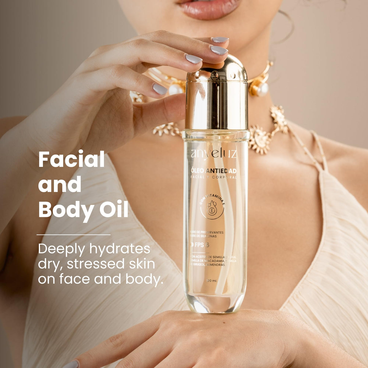 ANYELUZ face and body oil in use on hands for smooth, non-greasy absorption.