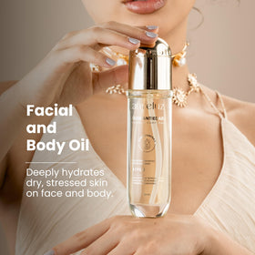 ANYELUZ face and body oil in use on hands for smooth, non-greasy absorption.