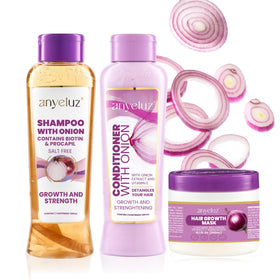ANYELUZ Onion Shampoo bottle shows oil-control benefits for all hair types.