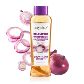 ANYELUZ Onion Shampoo bottle highlights odorless formula for daily use.