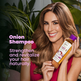 ANYELUZ Onion Shampoo label detail emphasizes natural ingredients and sulfate-free care.