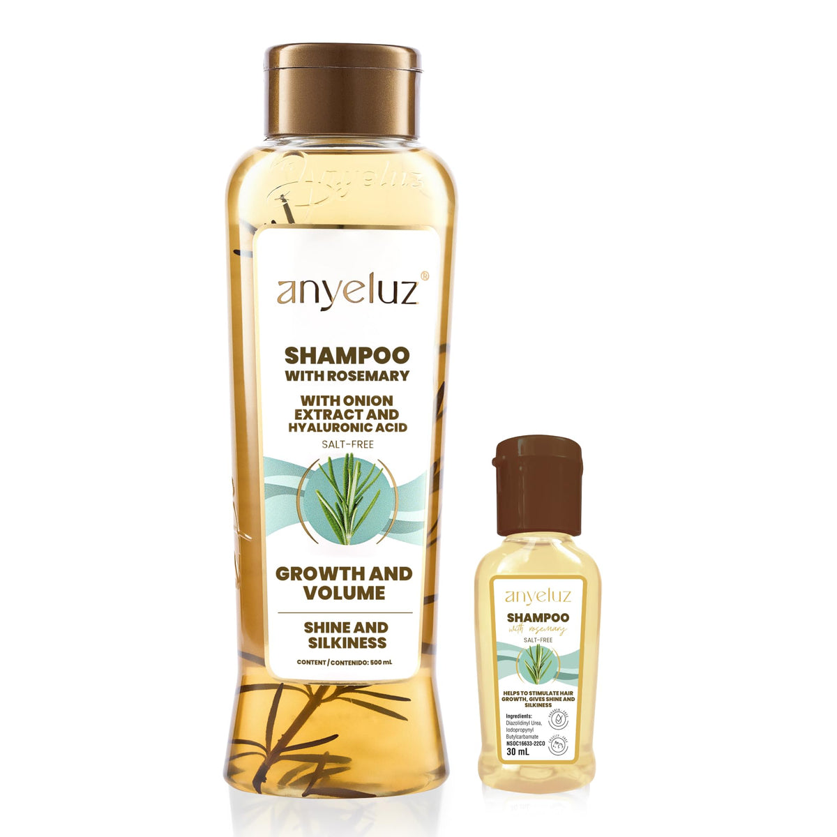 ANYELUZ Rosemary Shampoo bottle emphasizing hydration for healthier-looking hair