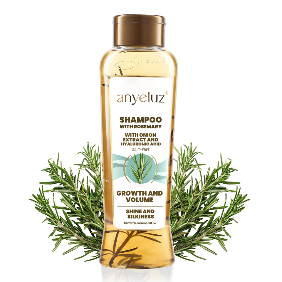 Anyeluz Rosemary Shampoo bottle emphasizes a daily natural formula.