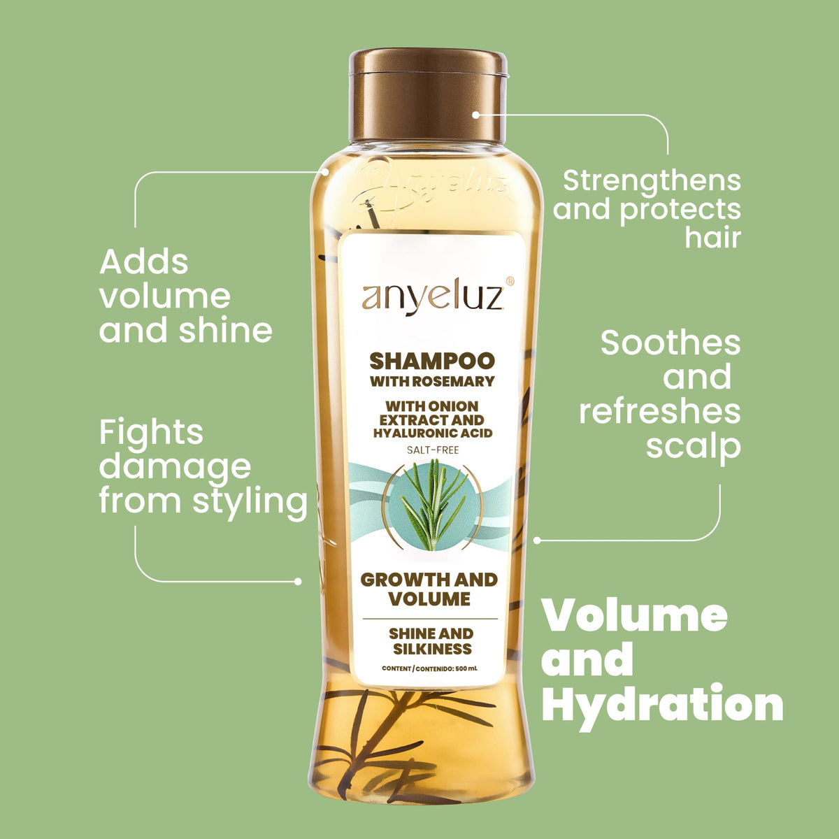 Anyeluz Rosemary Shampoo packaging communicates natural, chemical-free care.