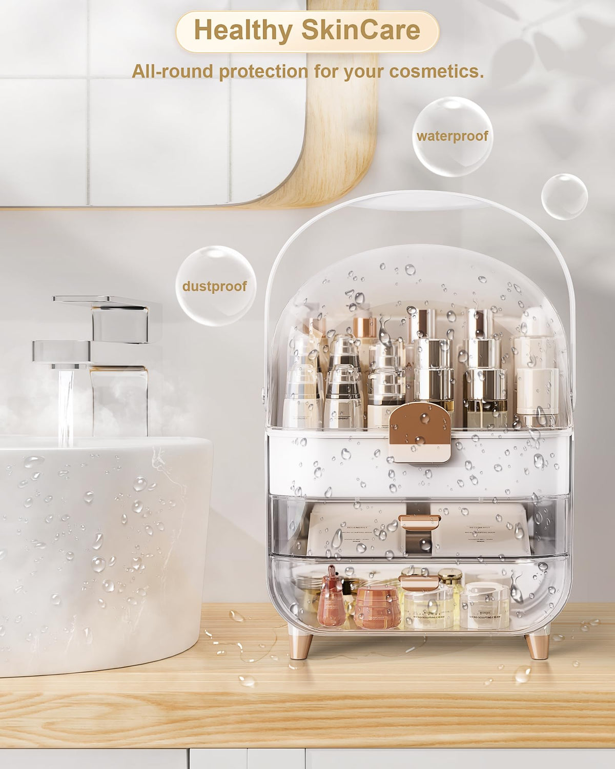 Anylady clear-top rose gold makeup box highlights contents