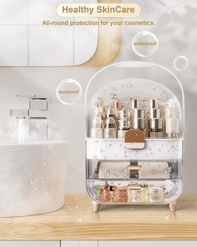 Anylady clear-top rose gold makeup box highlights contents