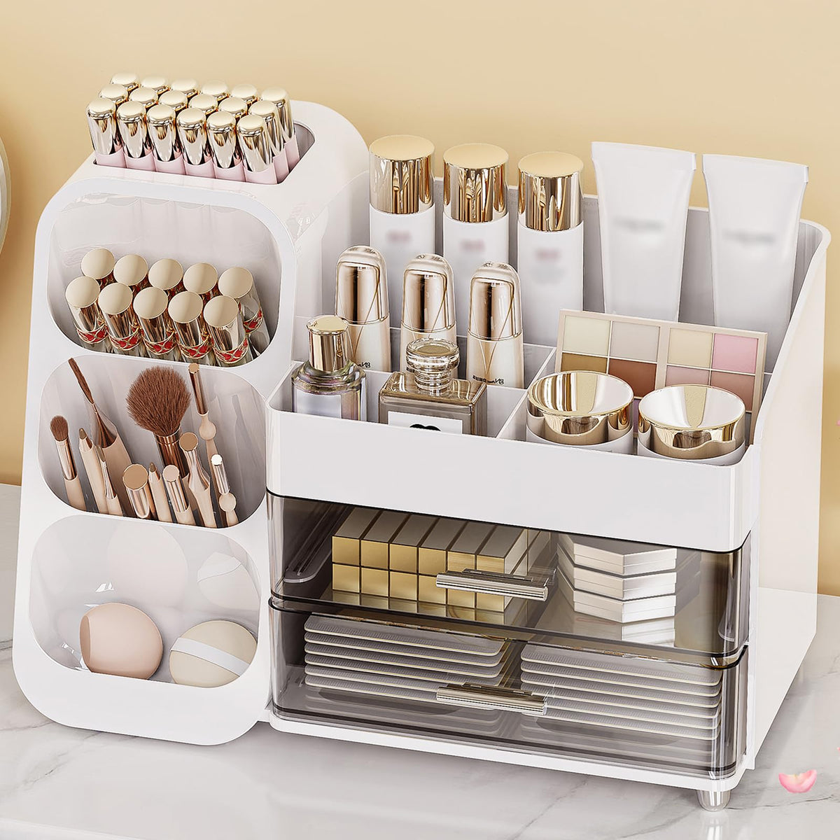 Anylady large-capacity makeup organizer on vanity keeps cosmetics organized and easily accessible.