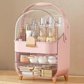Anylady makeup organizer on pink countertop keeps cosmetics organized and easy to reach