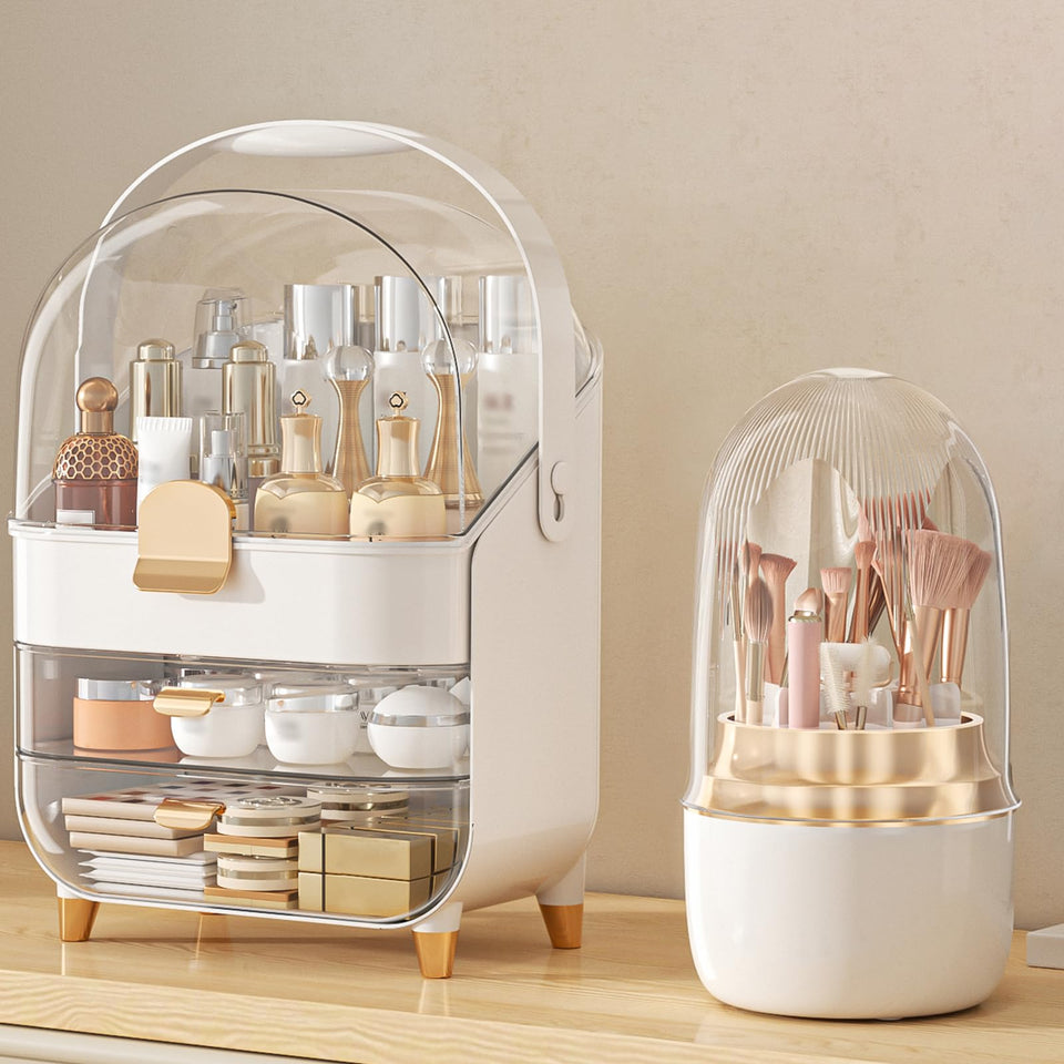 Anylady rose gold makeup organizer with 3-tier front view for easy access