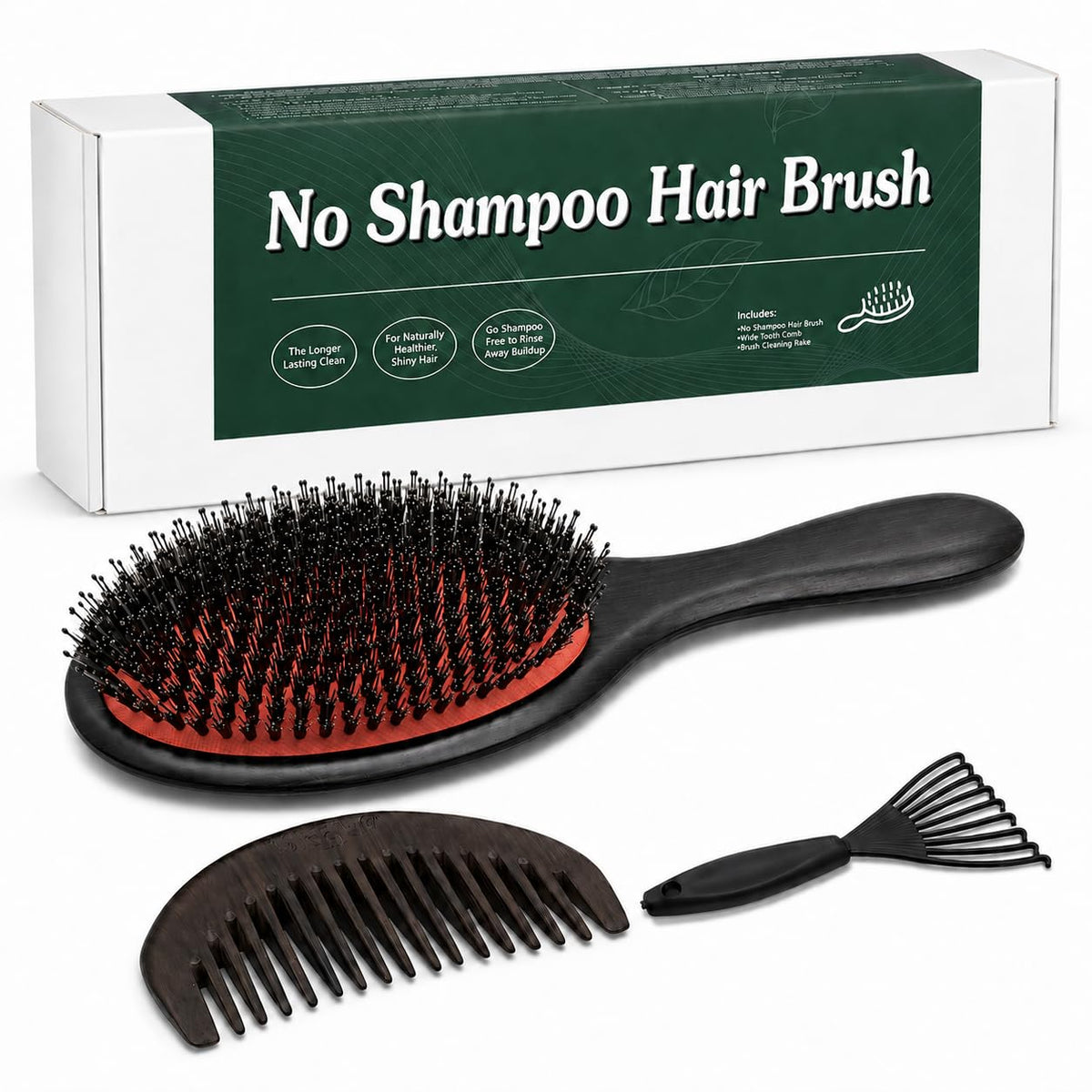 Anynew no shampoo hair brush close-up with boar bristles distributing scalp oils for smoother hair.