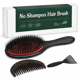 Anynew no shampoo hair brush close-up with boar bristles distributing scalp oils for smoother hair.