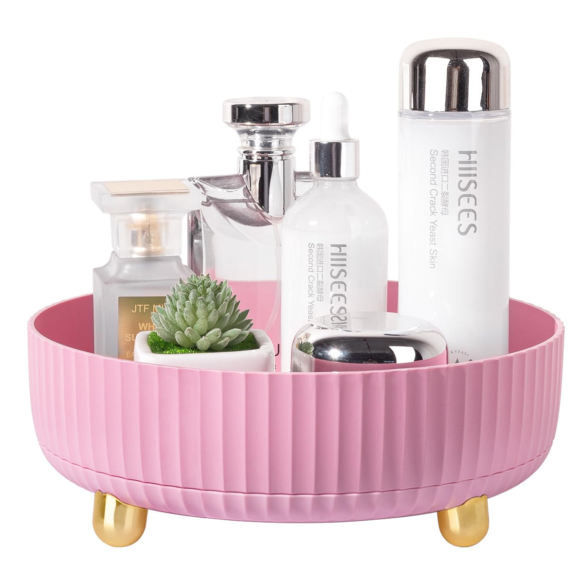 Anyoifax 360° rotating organizer tray on vanity displaying cosmetics for easy access.